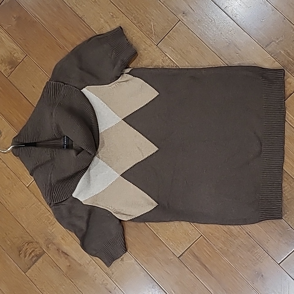 The Limited Brown Tan and Cream Argyle Short Sleeve Cowl Neck Sweater SzSmall